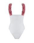 Rosa White Swimsuit With D.Pink Chiffon Flowers Straps