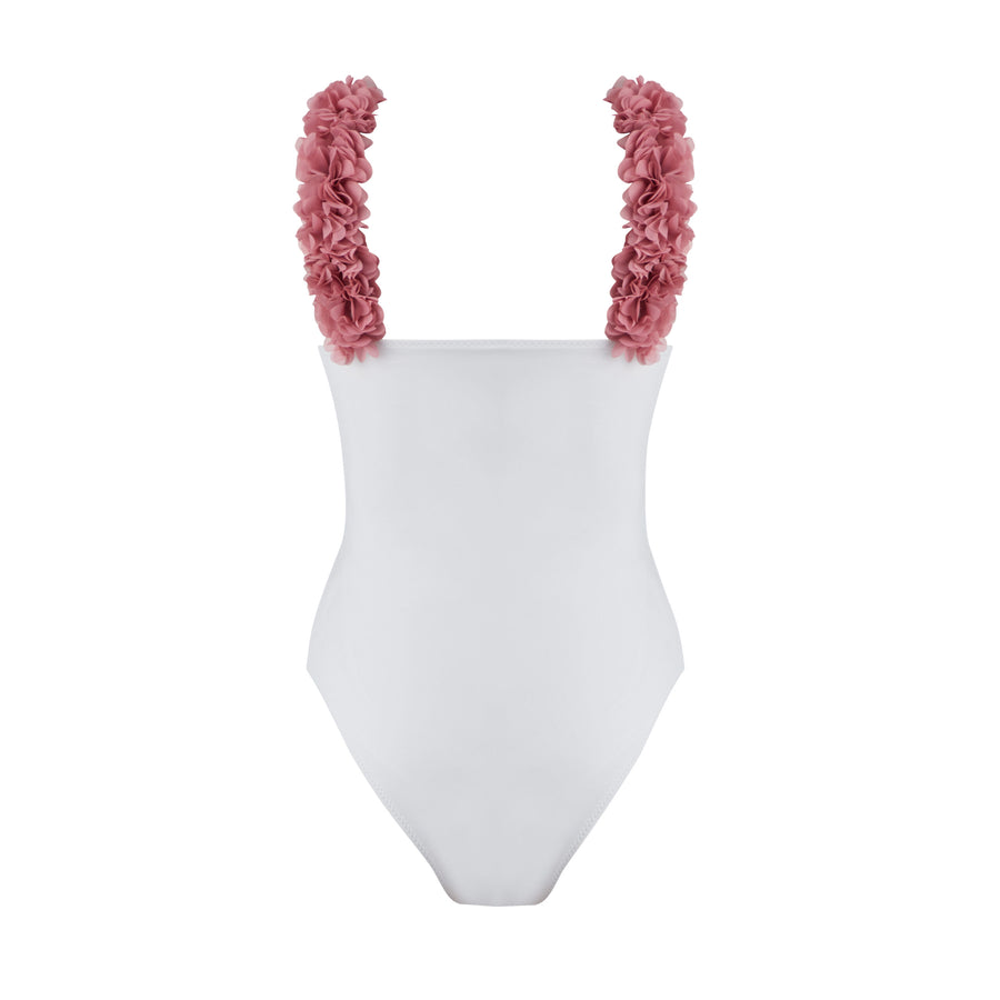 Rosa White Swimsuit With D.Pink Chiffon Flowers Straps