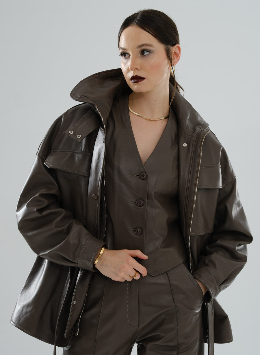 Safari Multi-Pocket Leather Jacket – Mocha