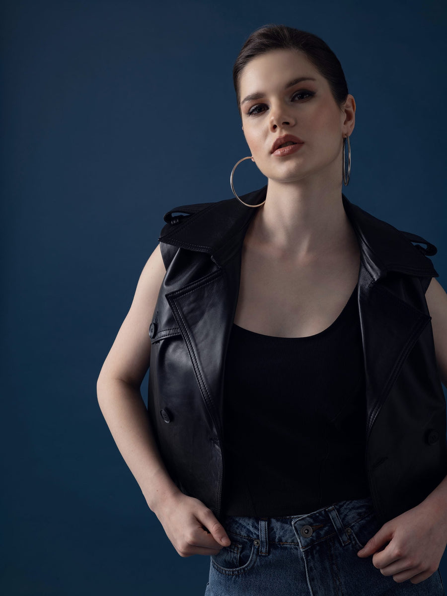 Short Leather Trench Coat – Black