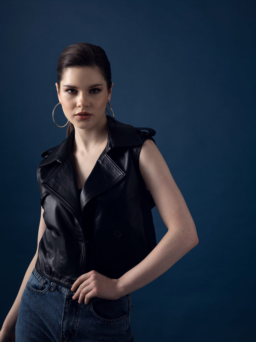 Short Leather Trench Coat – Black