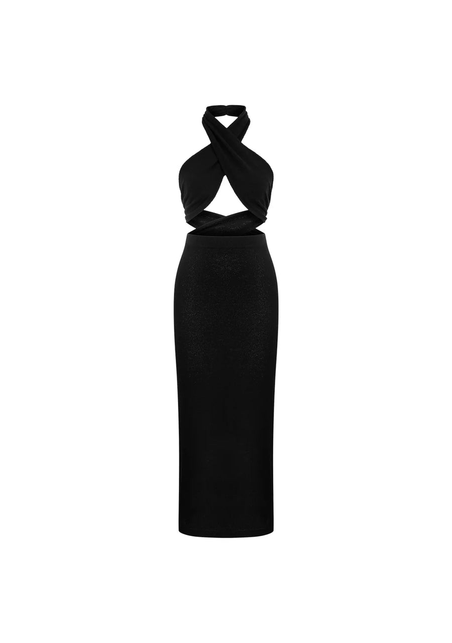 %100 Cotton Si Front Cross High Neck Tie Black Knit Dress