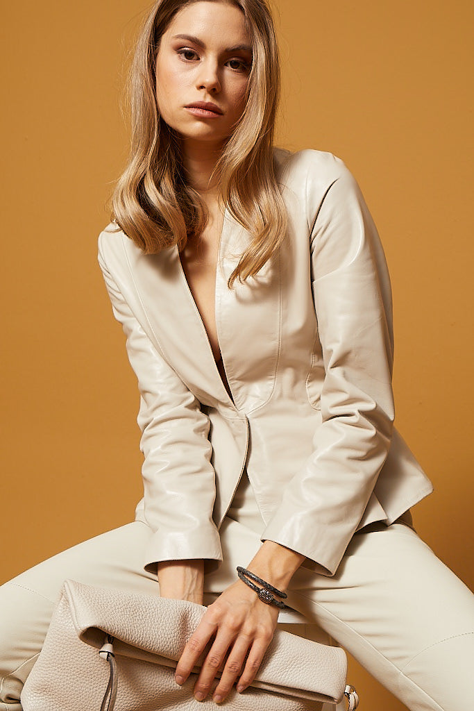 Slim Fit Classic Leather Jacket - Cream