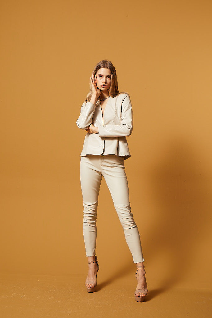 Slim Fit Classic Leather Jacket - Cream