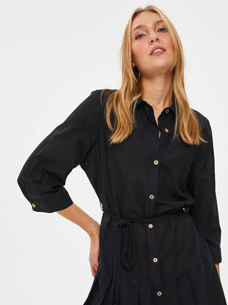 Black Skirt Pleated Detailed Cotton Voile Dress Fınal Item - Porterist 4