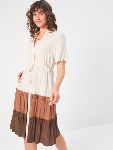 Ivory Color Blocked Segmented Skirt Viscose Dress 68276