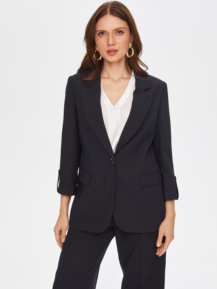 Black Elegant Crepe Jacket with Epaulettes 69204