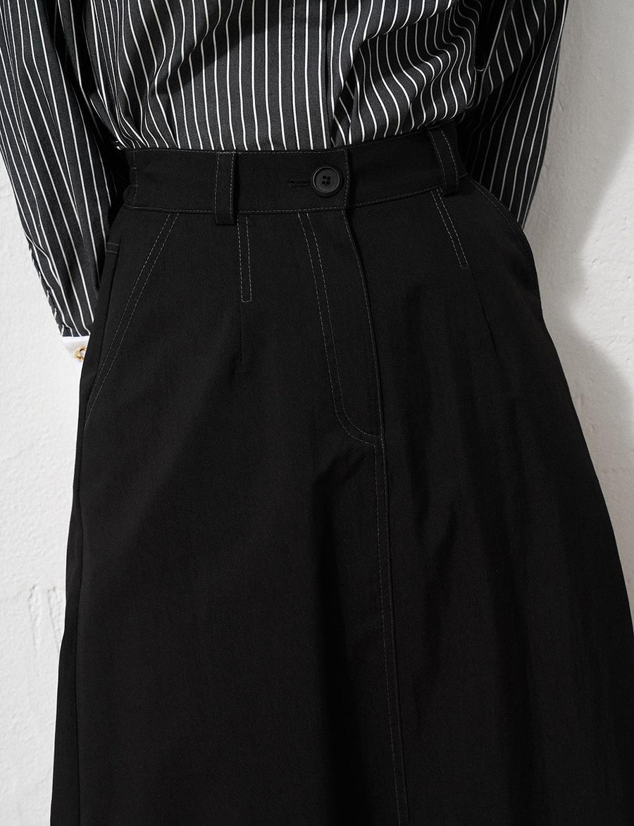 Elastic Waist Canvas Flared Skirt Black