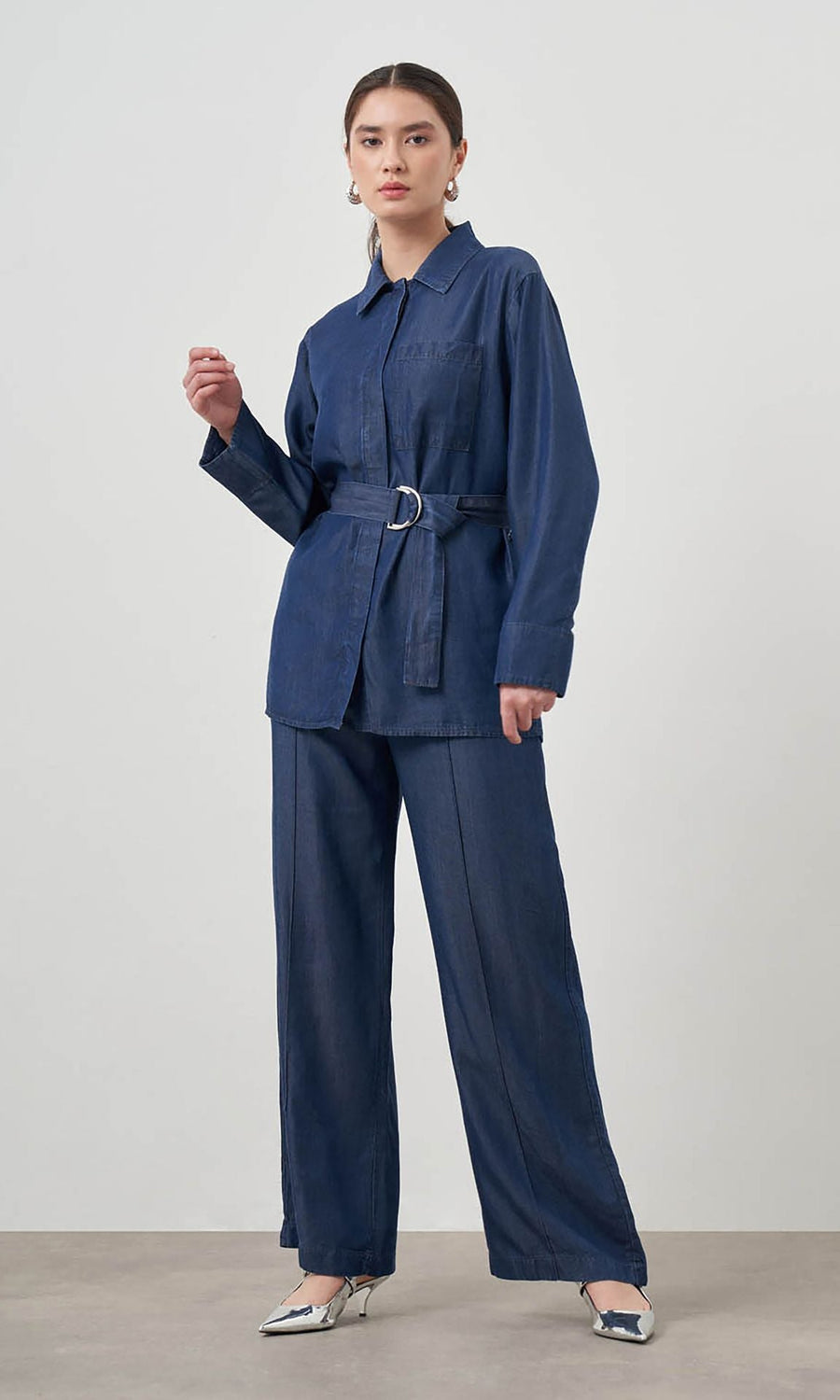 Mizalle Denim Belted Blouse Indigo Apparel Indigo M 