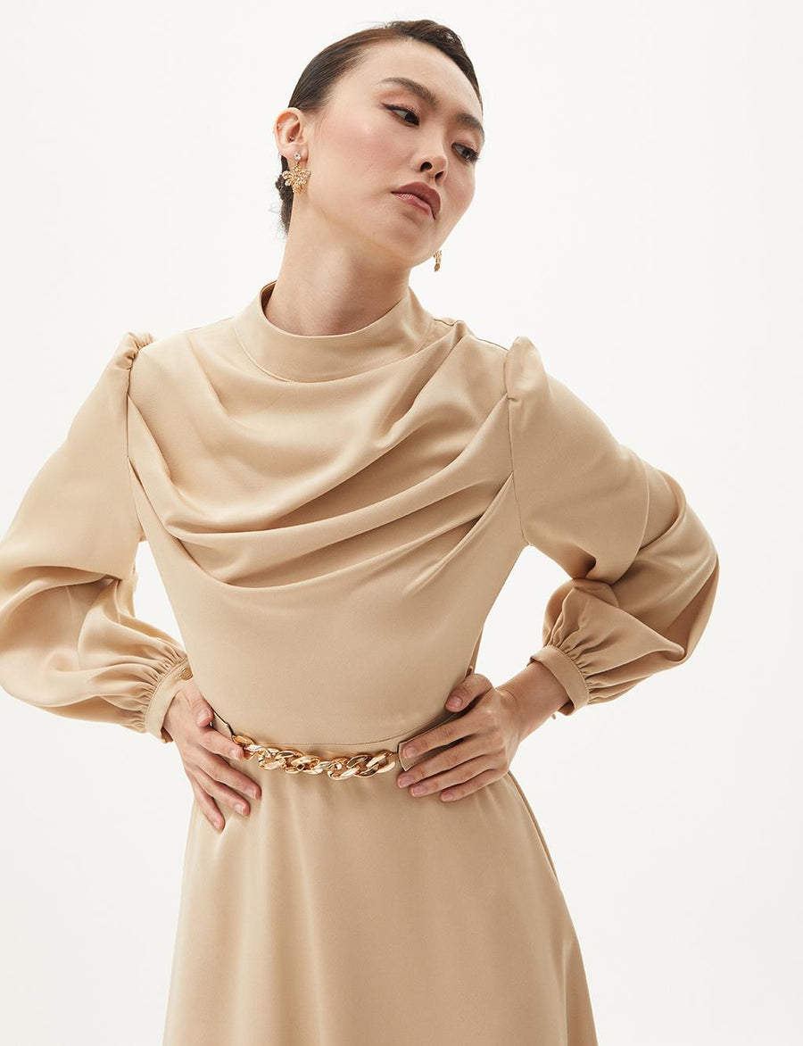 Belt Detailed Stylish Dress Beige Fınal Item - Porterist 5