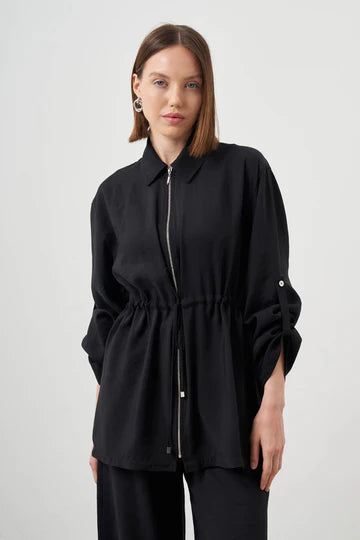Mizalle Cinched Waist Shirt Jacket Black Apparel Black