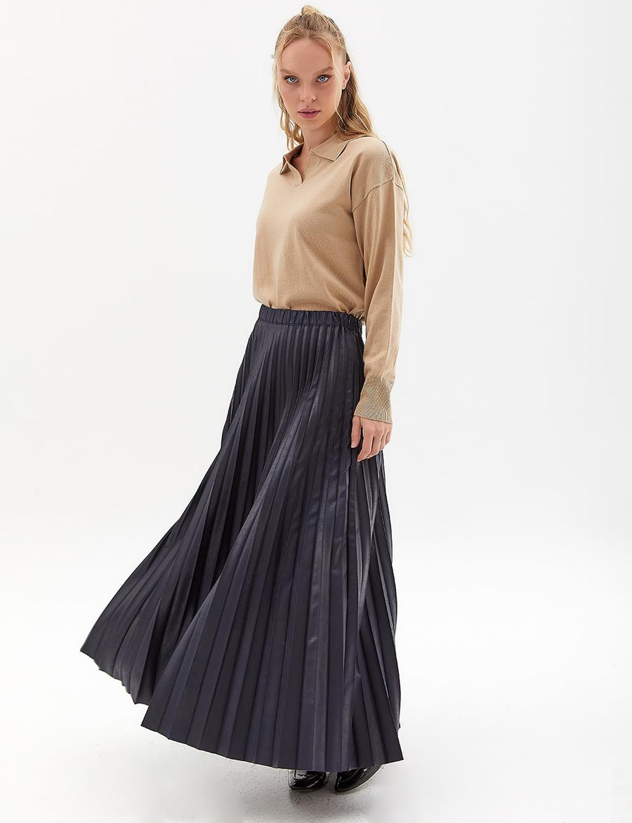 Leather Look Pleat Skirt Navy Blue