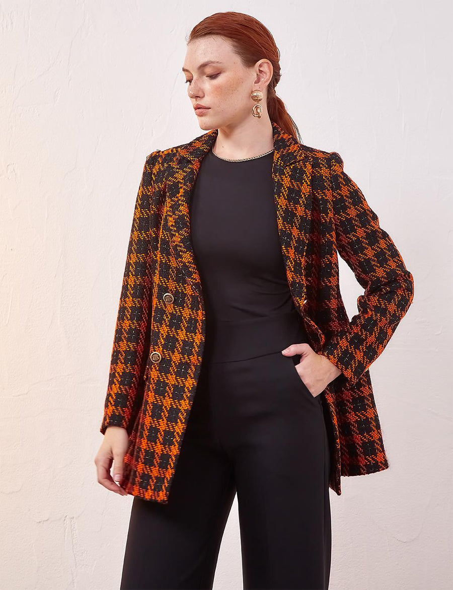 Plaid Tweed Blazer Jacket Black-Orange