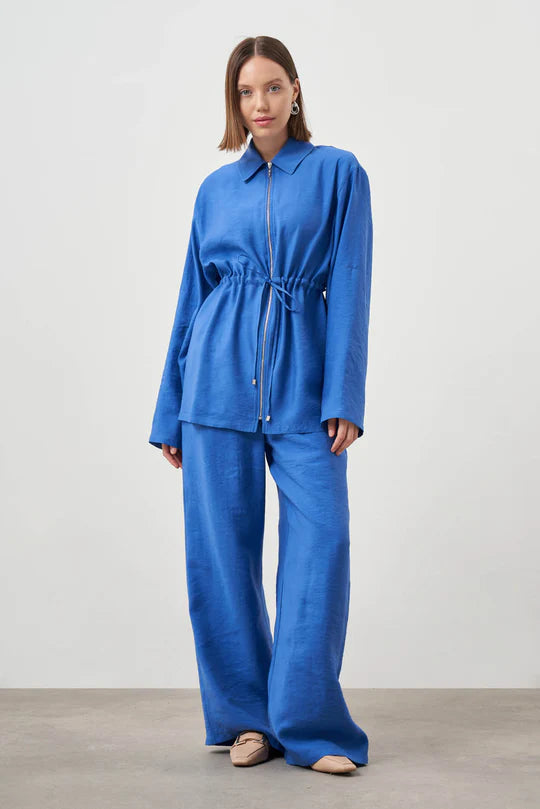 Mizalle Cinched Waist Shirt Jacket Blue Apparel Blue