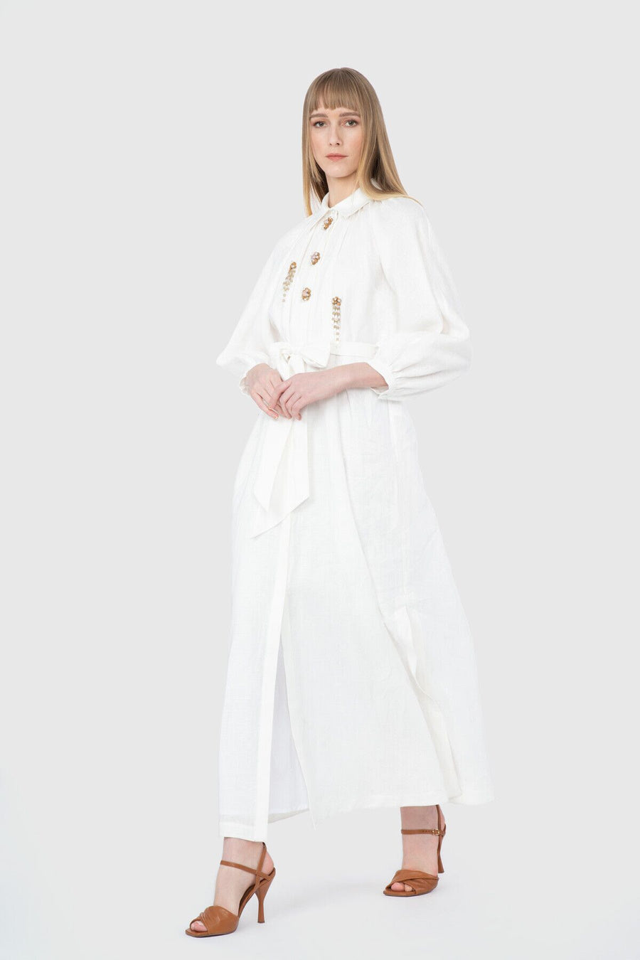 Long Linen Ecru Dress With Wood Beading Fınal Item - Porterist 2