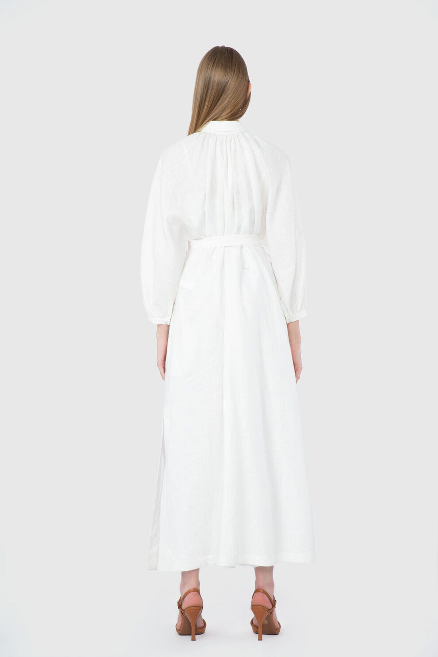 Long Linen Ecru Dress With Wood Beading Fınal Item - Porterist 3