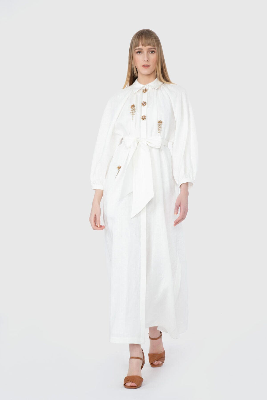 Long Linen Ecru Dress With Wood Beading Fınal Item - Porterist 1