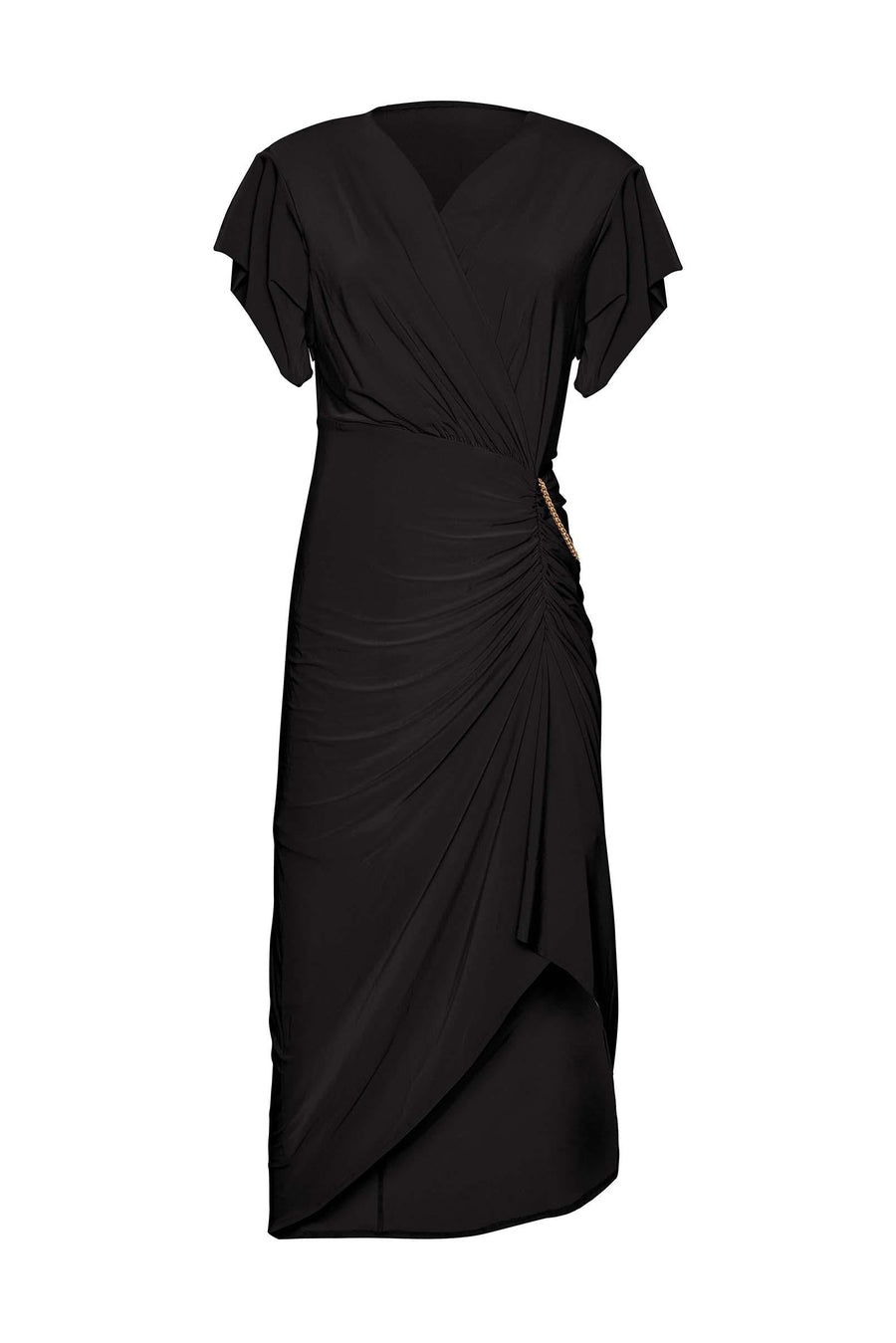 Wrap Over Cut Out Shirred Chain Detail Dress Black - 3