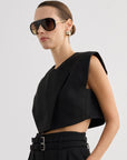 Asymmetric Collar Sleeveless Black Crop Blouse