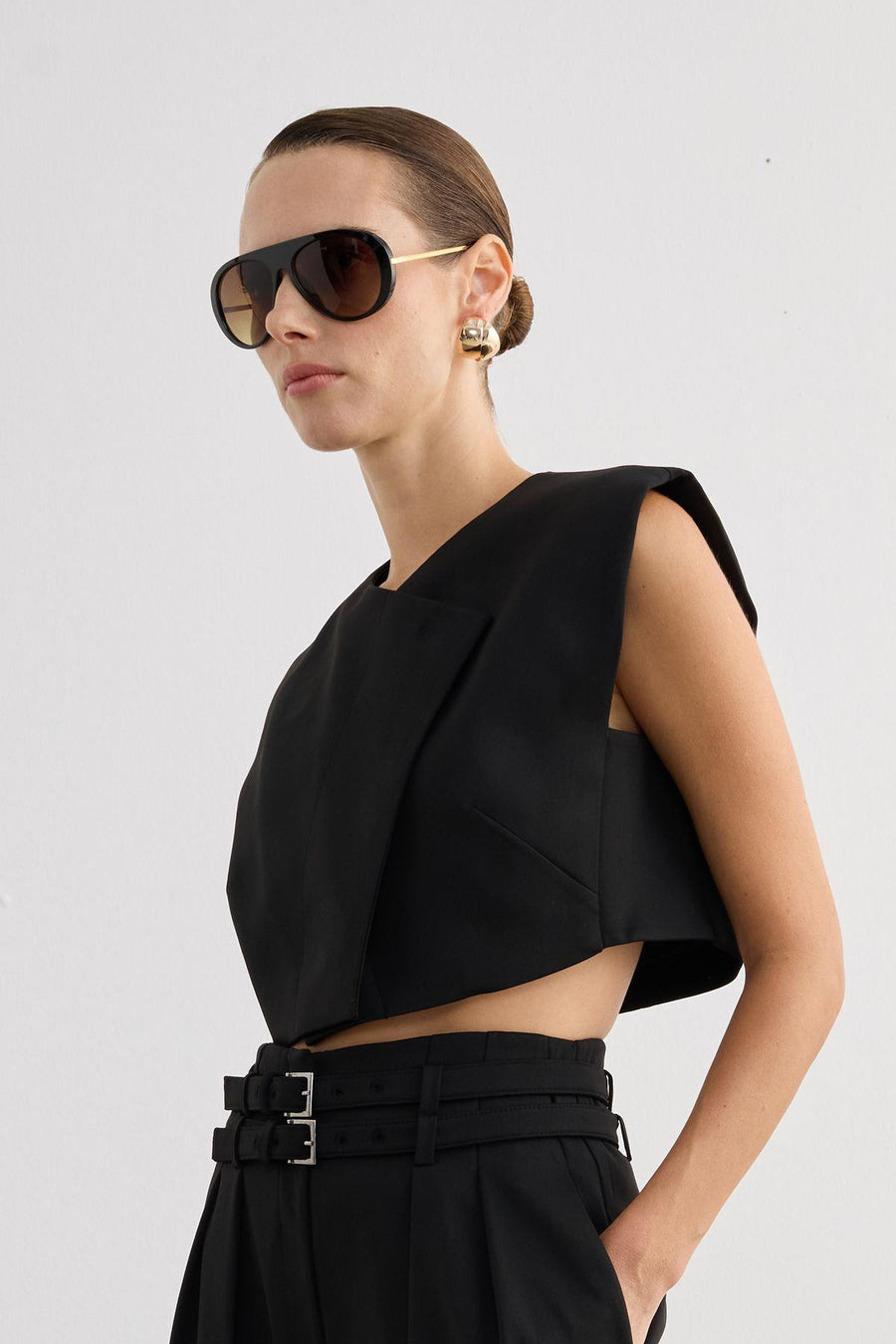 Asymmetric Collar Sleeveless Black Crop Blouse