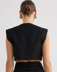 Asymmetric Collar Sleeveless Black Crop Blouse