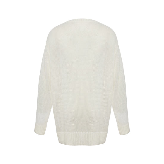 Ecru Wool Blended Moher Sweater With Front Balloon