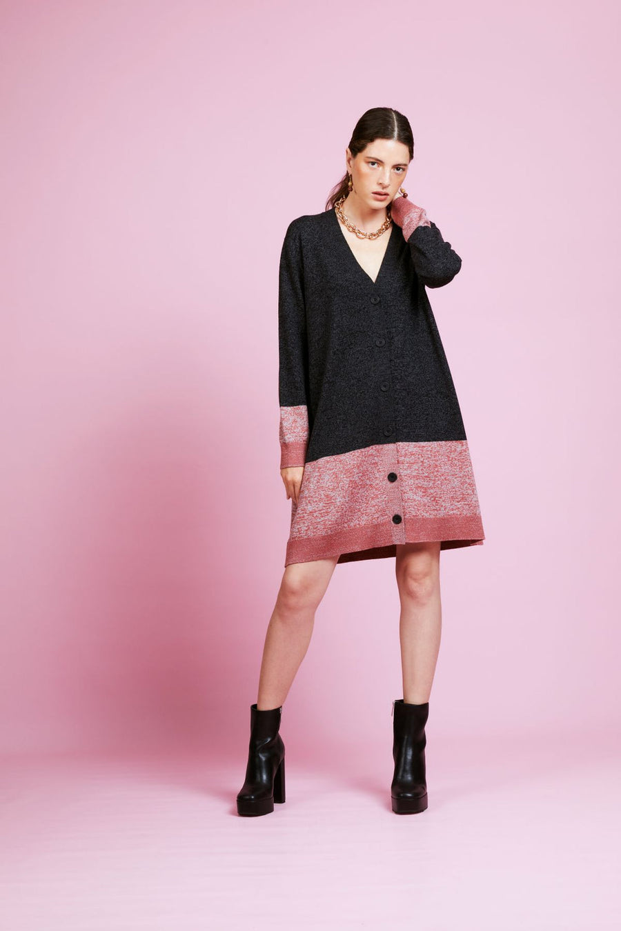 Lena 100% Wool Buttoned Mini Black Knit Dress