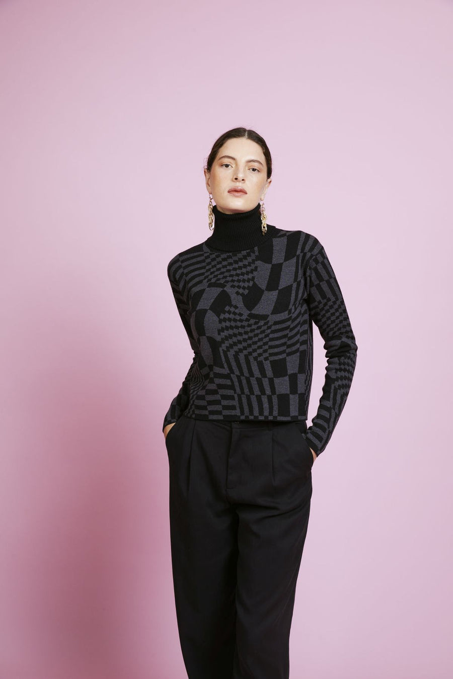 Melissa %100 Wool Geometric Pattern Turtleneck Black Sweater