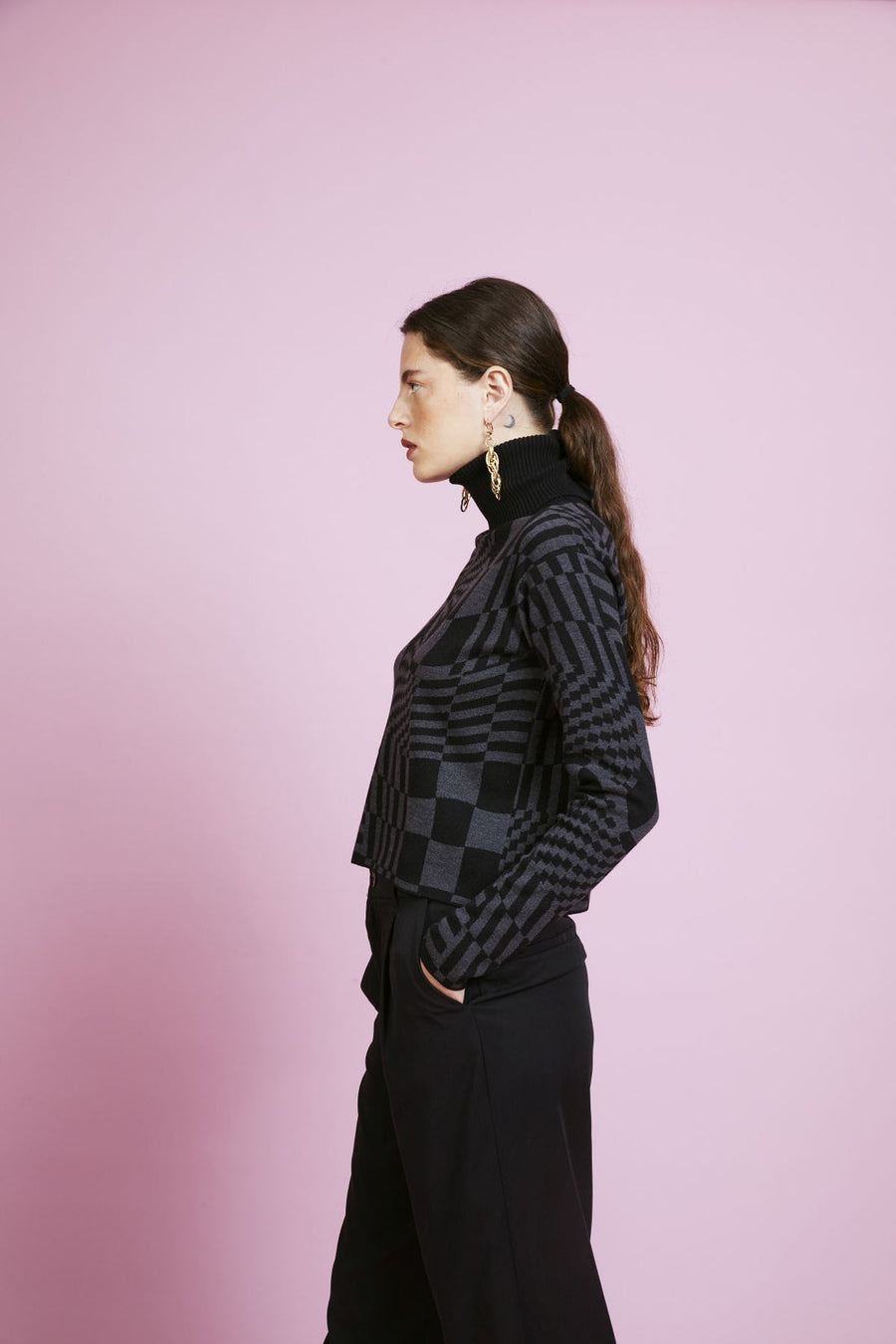 Melissa %100 Wool Geometric Pattern Turtleneck Black Sweater