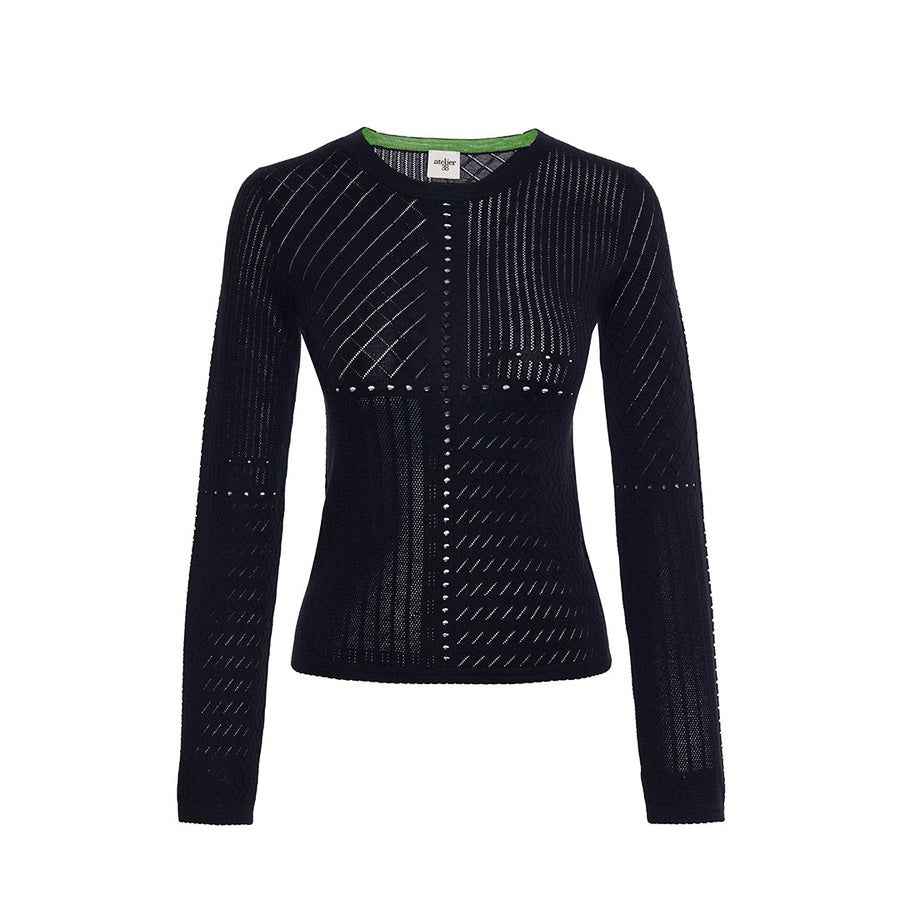 Wool & Silk Martha Openwork Crew - neck Black Sweater