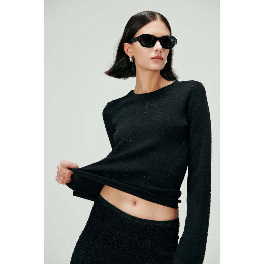 Wool & Silk Martha Openwork Crew - neck Black Sweater