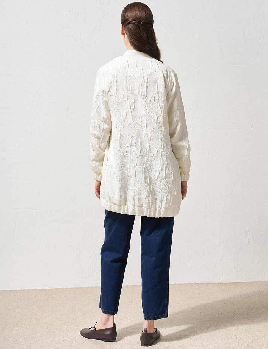 Stone Embroidered Relief Pattern Jacket Ecru