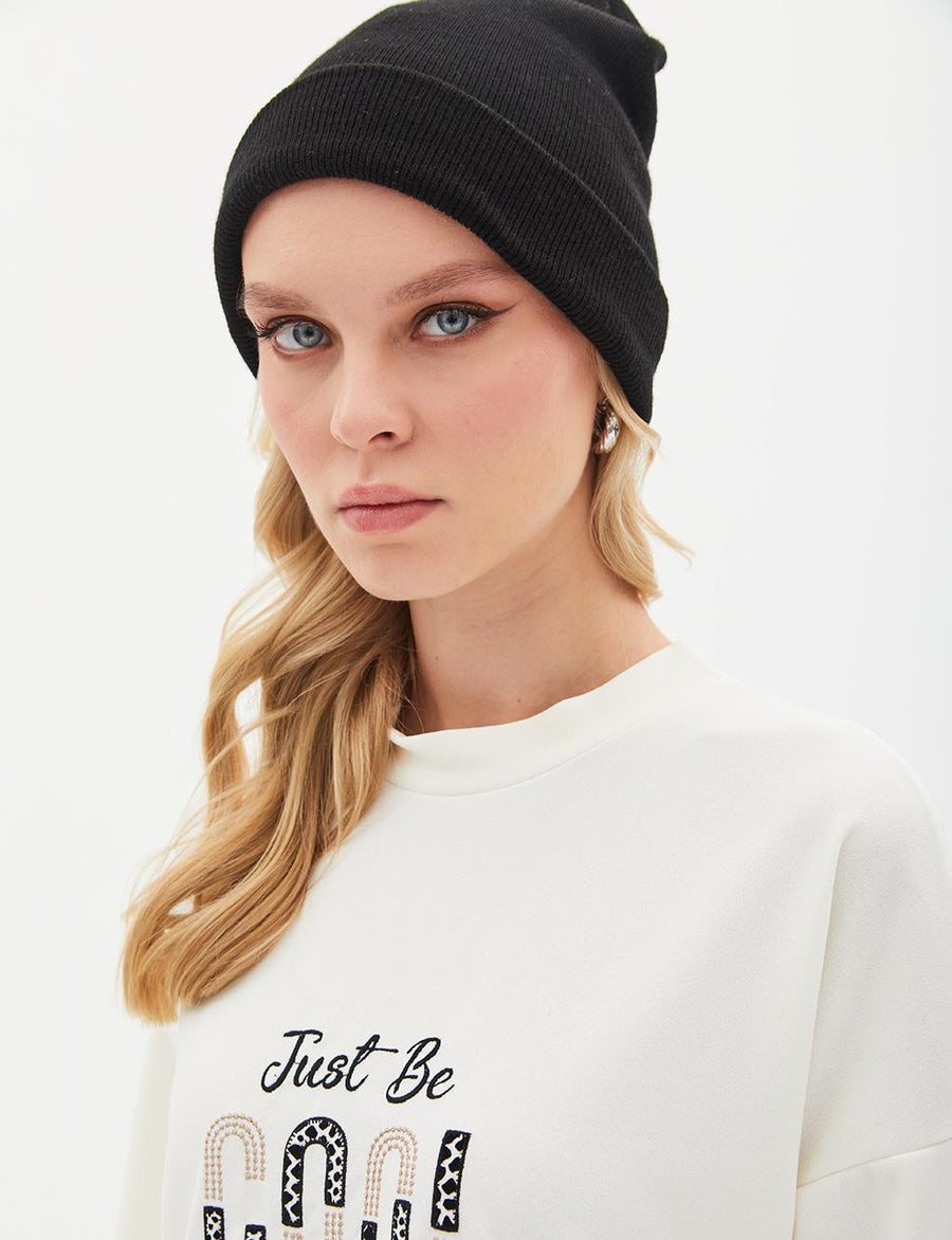 Slogan Embroidered Sweat Ecru