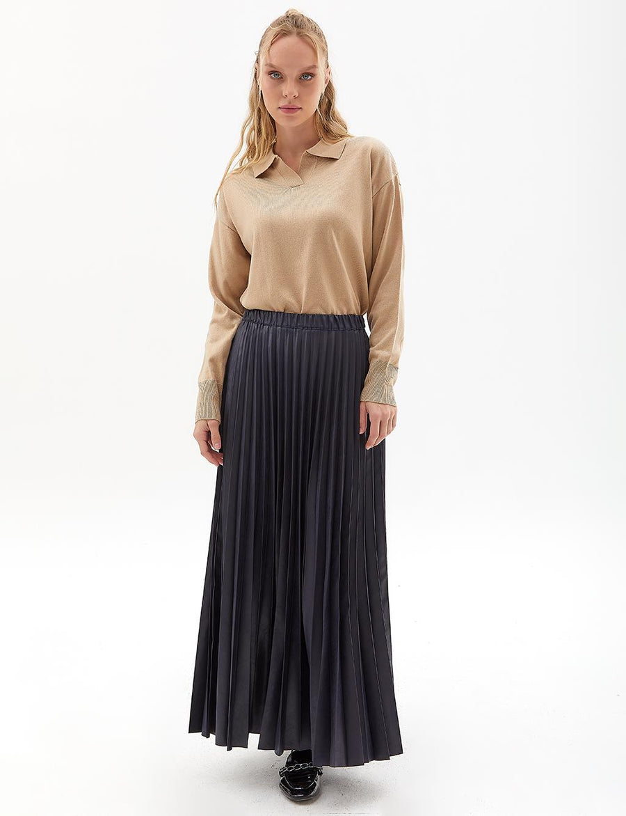 Leather Look Pleat Skirt Navy Blue