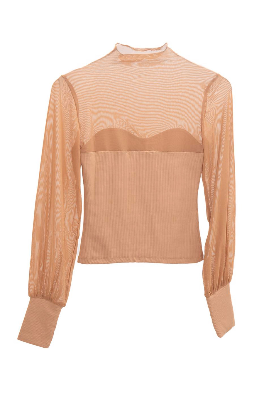 Dark Beige Balloon Sleeve Transparent Detailed Blouse