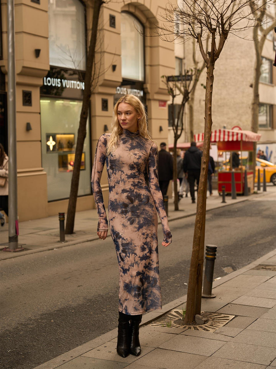 Tie Dye Patterned Midi Long Sleeve Dress Pojst Fınal Item - Porterist 1