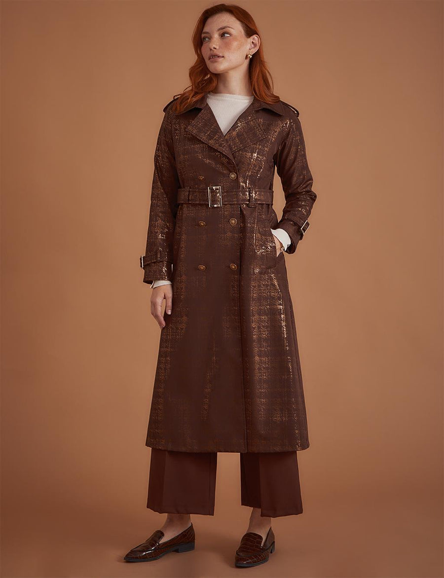 Jacquard Double Breasted Trench Coat Dark Brown