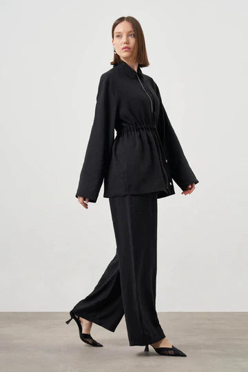 Mizalle Cinched Waist Shirt Jacket Black Apparel Black