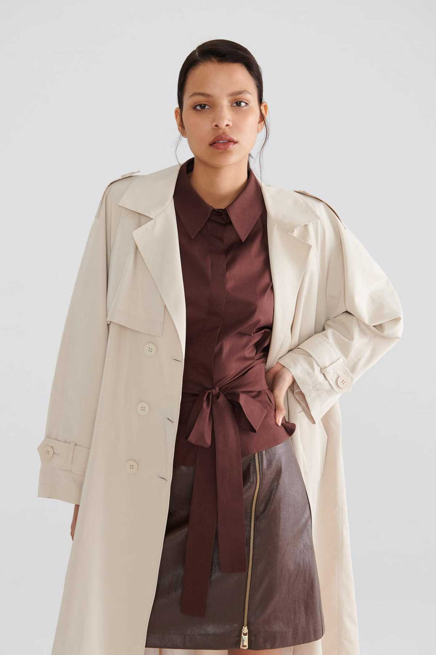 Women's Trench Coat Stone with Waist Ties  - Porterist 3