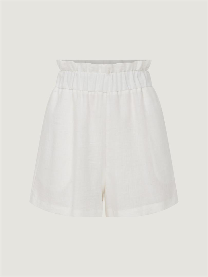 Mini Shorts with Ruffle Waist and Elastic Pockets - Ecru