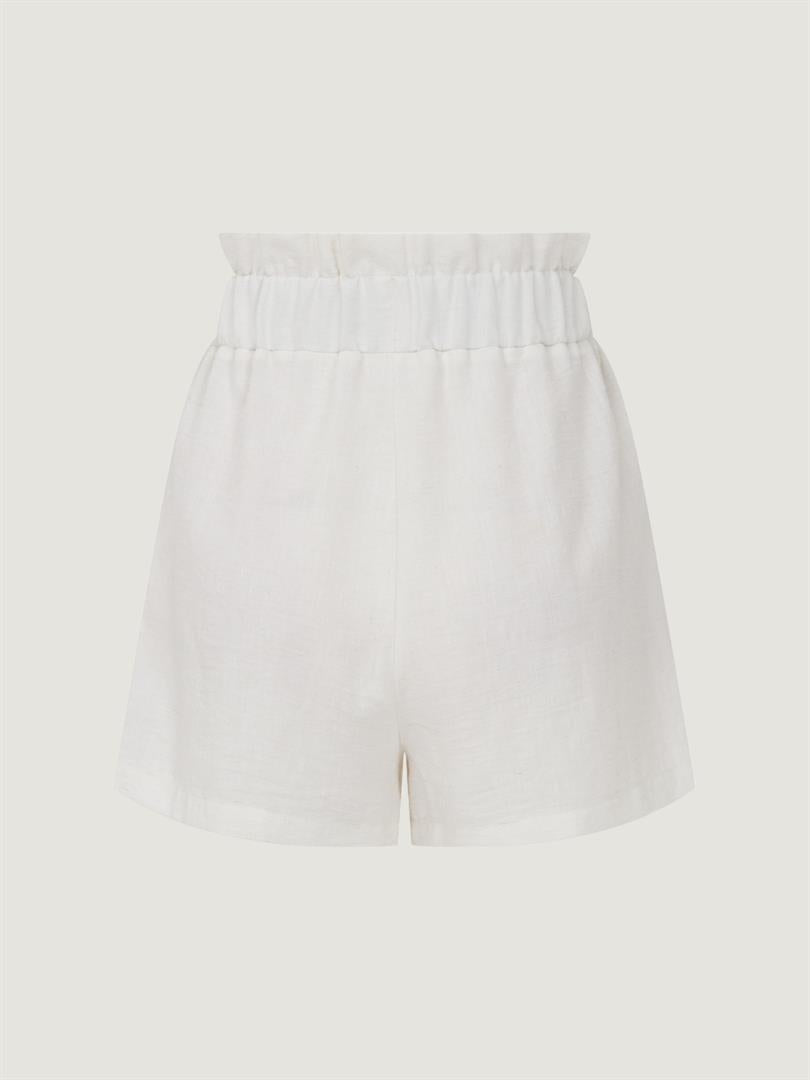 Mini Shorts with Ruffle Waist and Elastic Pockets - Ecru