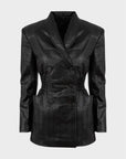 Vegan Knitted Leather Jacket with Waistband and Buttons - Black