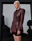 Waist-Fit and Buttoned Vegan Knit Leather Jacket - Claret Red