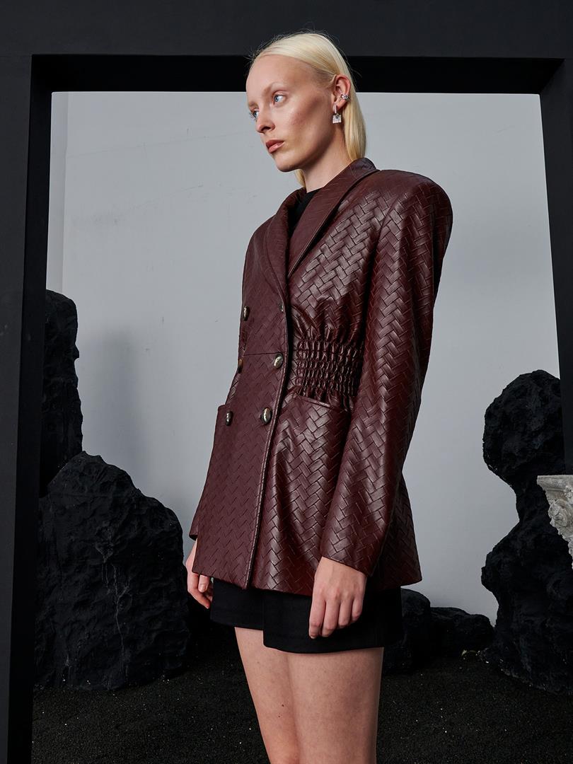 Waist-Fit and Buttoned Vegan Knit Leather Jacket - Claret Red