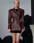 Waist-Fit and Buttoned Vegan Knit Leather Jacket - Claret Red