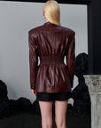 Waist-Fit and Buttoned Vegan Knit Leather Jacket - Claret Red