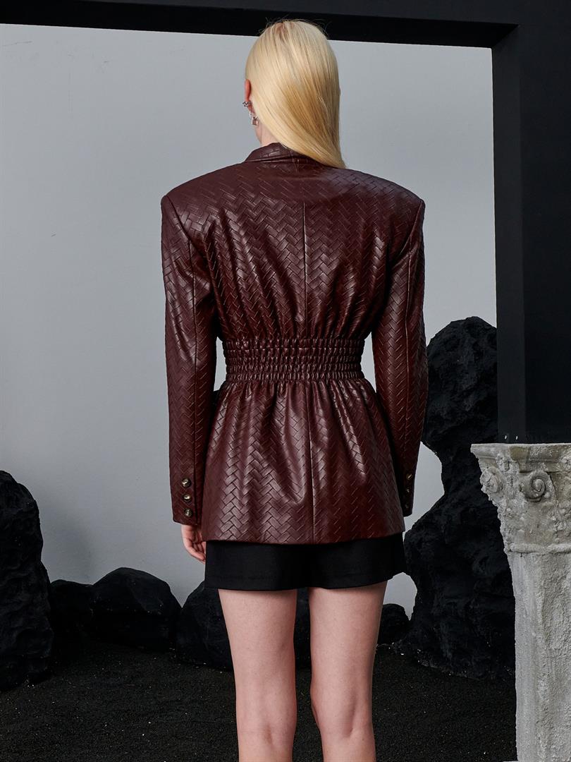 Waist-Fit and Buttoned Vegan Knit Leather Jacket - Claret Red