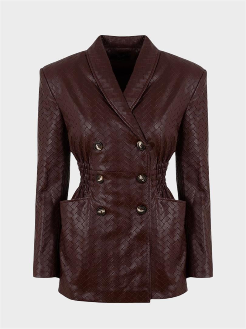 Waist-Fit and Buttoned Vegan Knit Leather Jacket - Claret Red