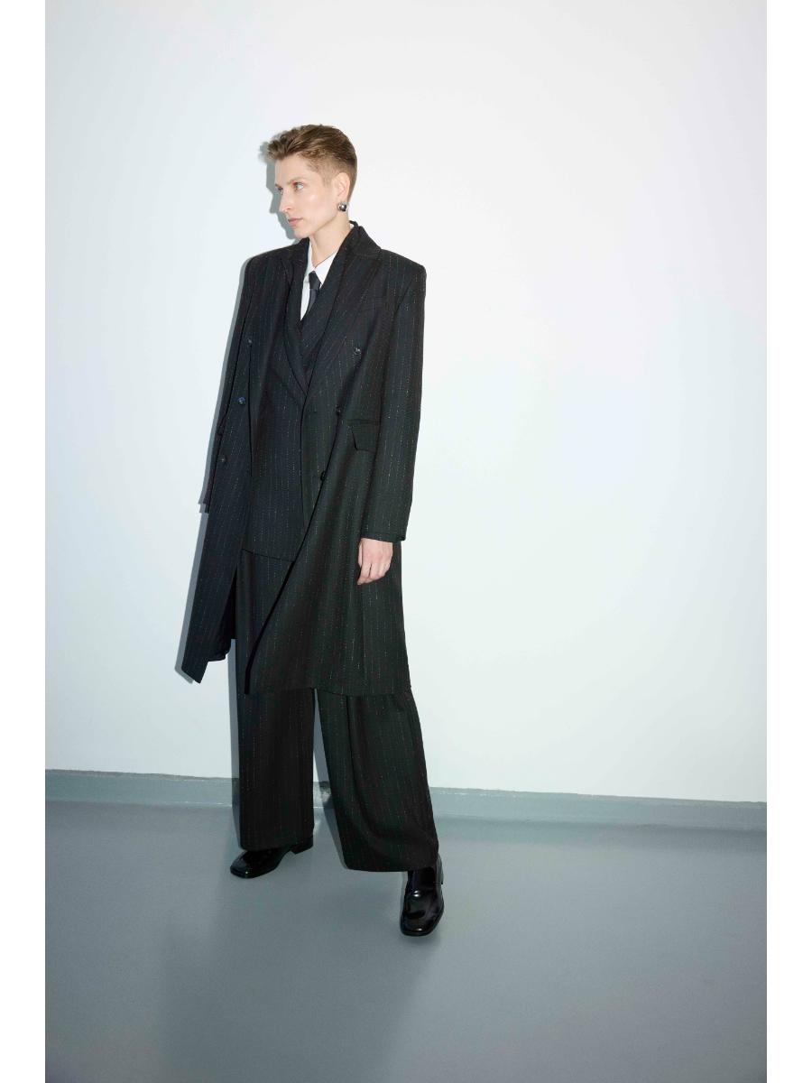 Striped Long Double-Breasted Coat Black