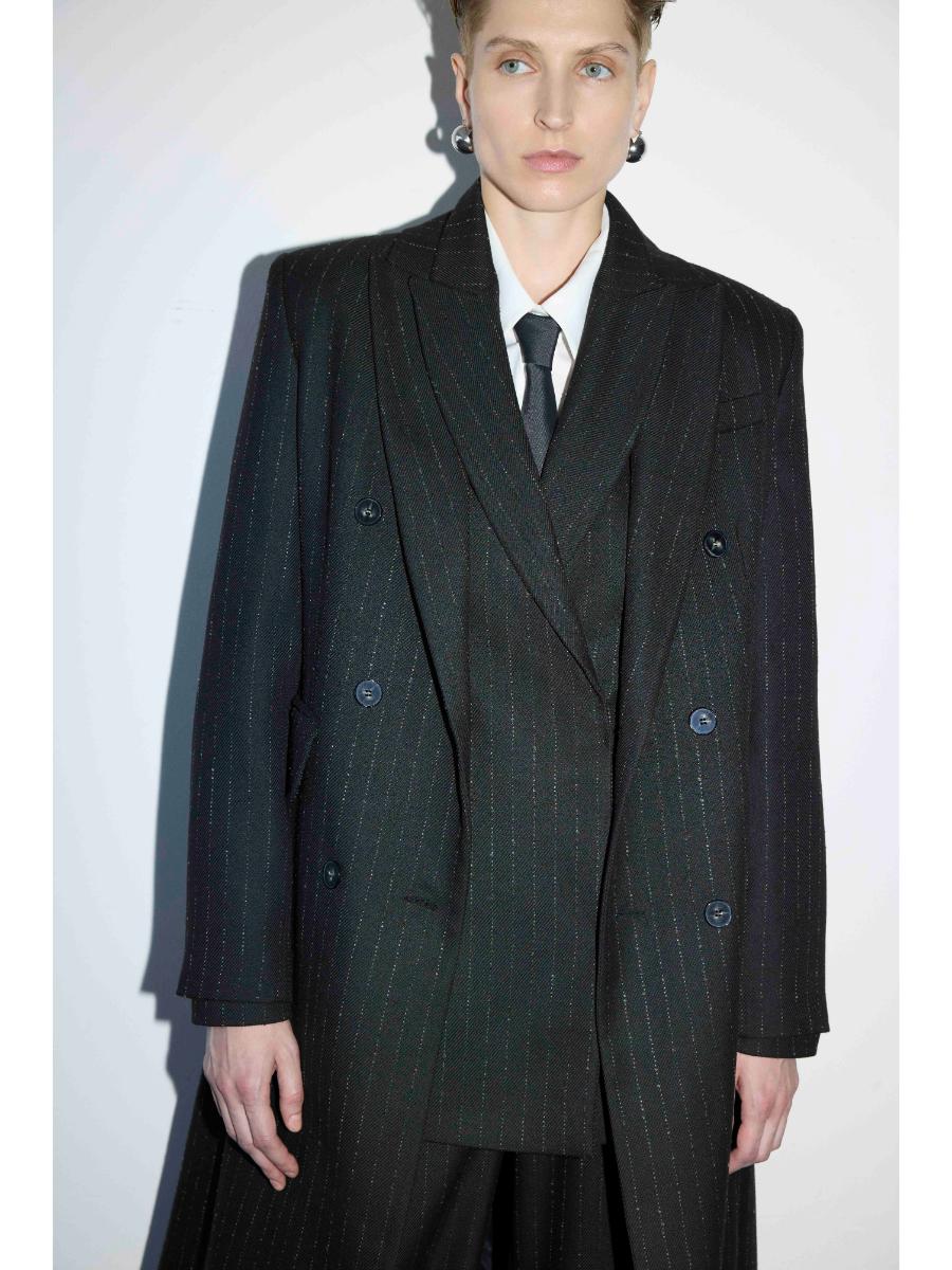 Striped Long Double-Breasted Coat Black